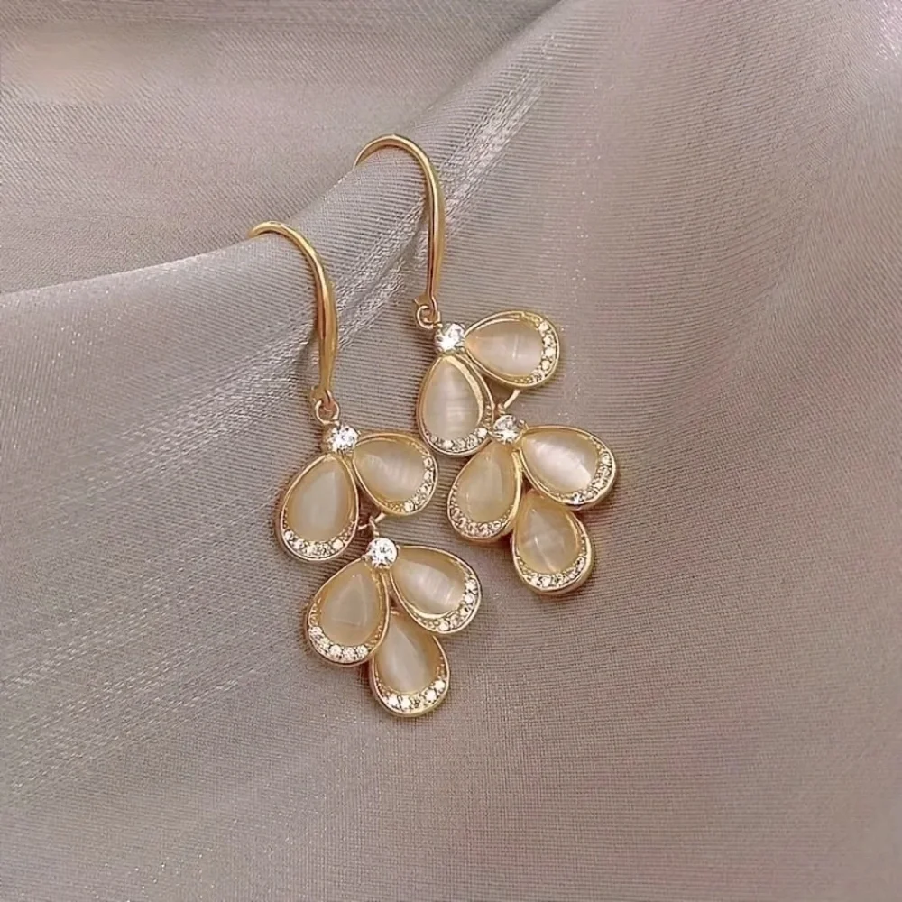 Unique Teardrop Opal Leaflet Dangle Earrings - Picture 3 of 5